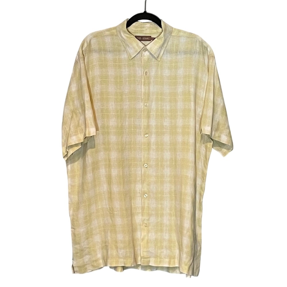 VTG Italian Resortwear XL Pure Linen Short Sleeve Plaid Button Down Shirt